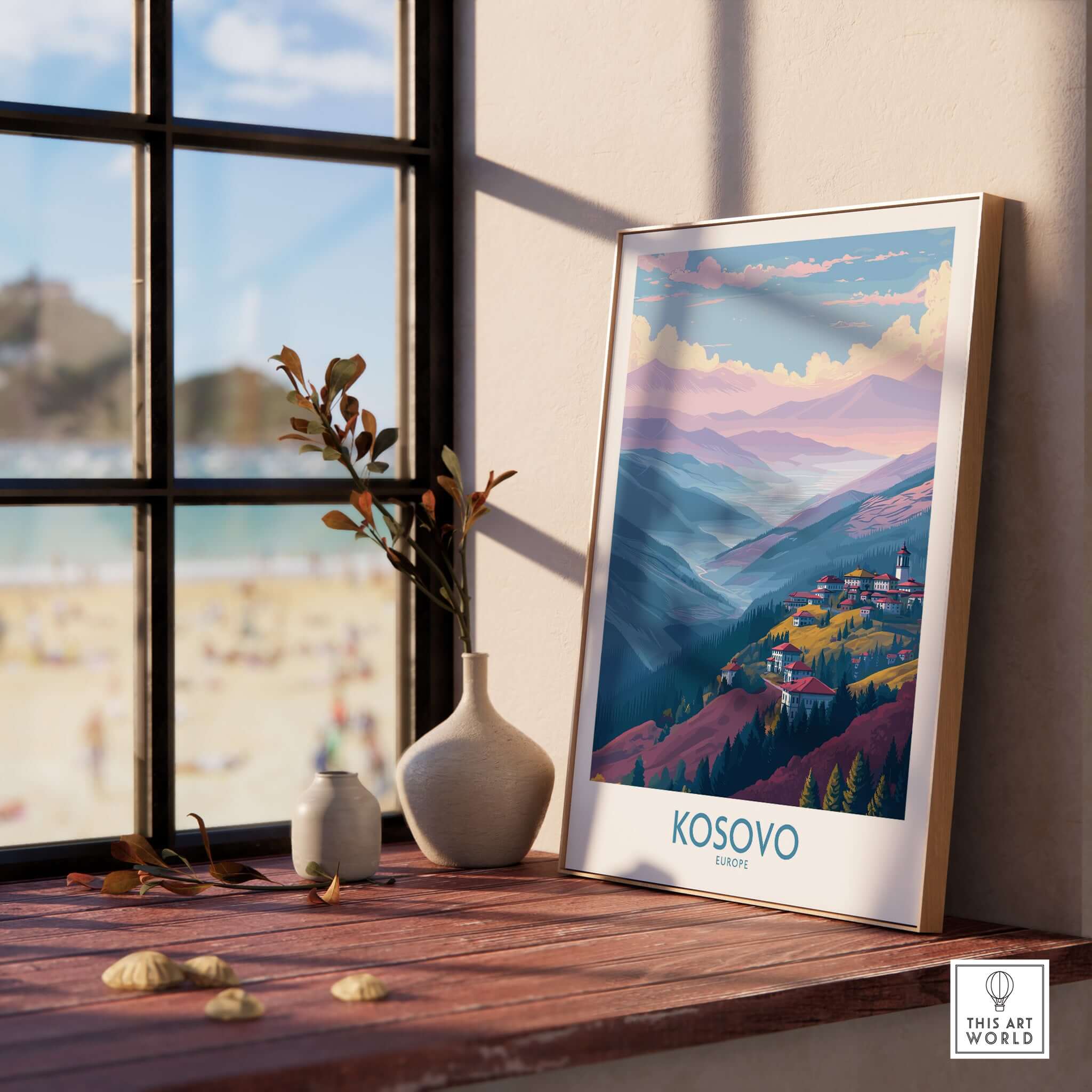 Kosovo Art Print | Pastel Landscape Poster displayed in a bright interior setting with natural light.