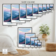 Kosovo Art Print | Pastel Landscape Poster size guide showcasing various dimensions and styles.