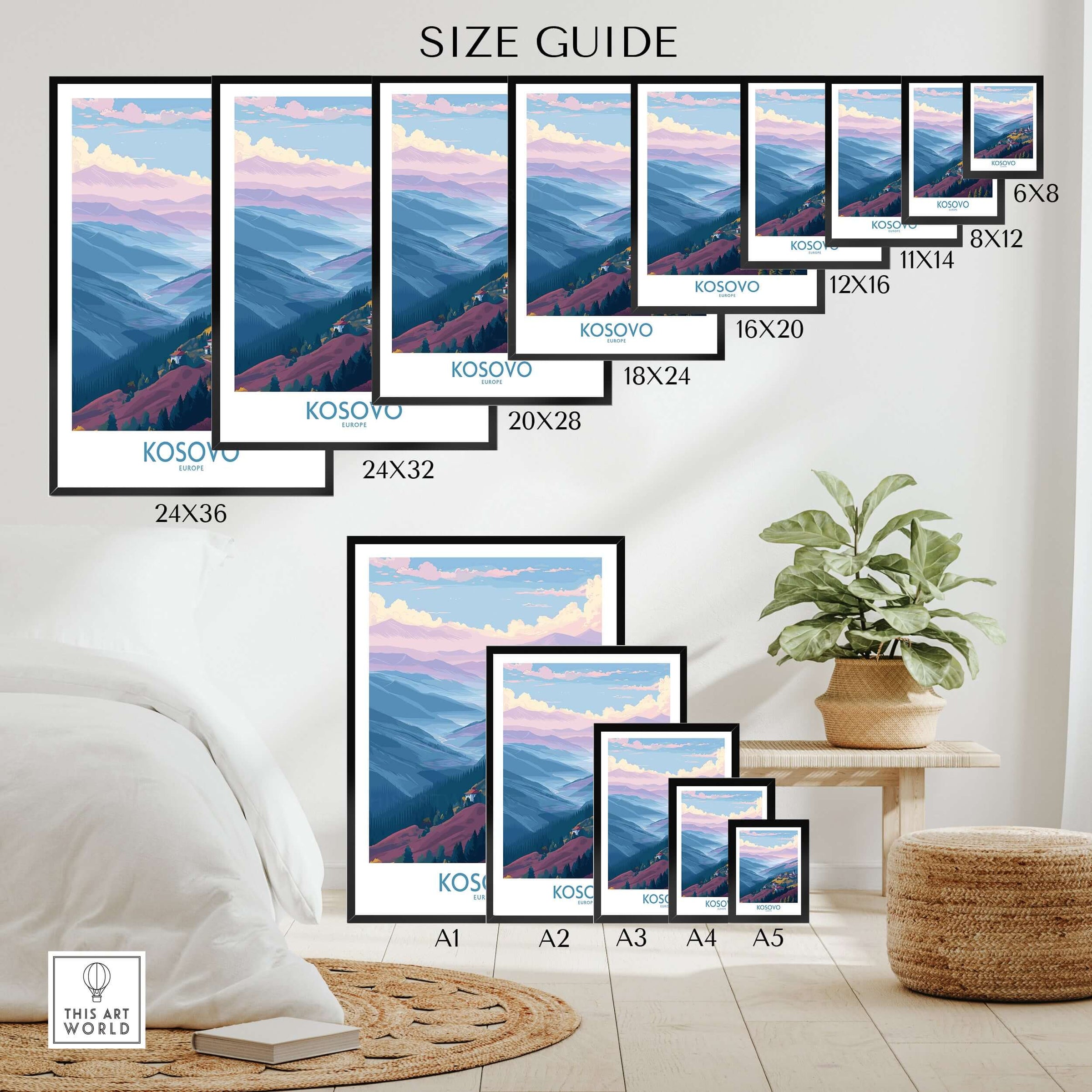 Kosovo Art Print | Pastel Landscape Poster size guide showcasing various dimensions and styles.
