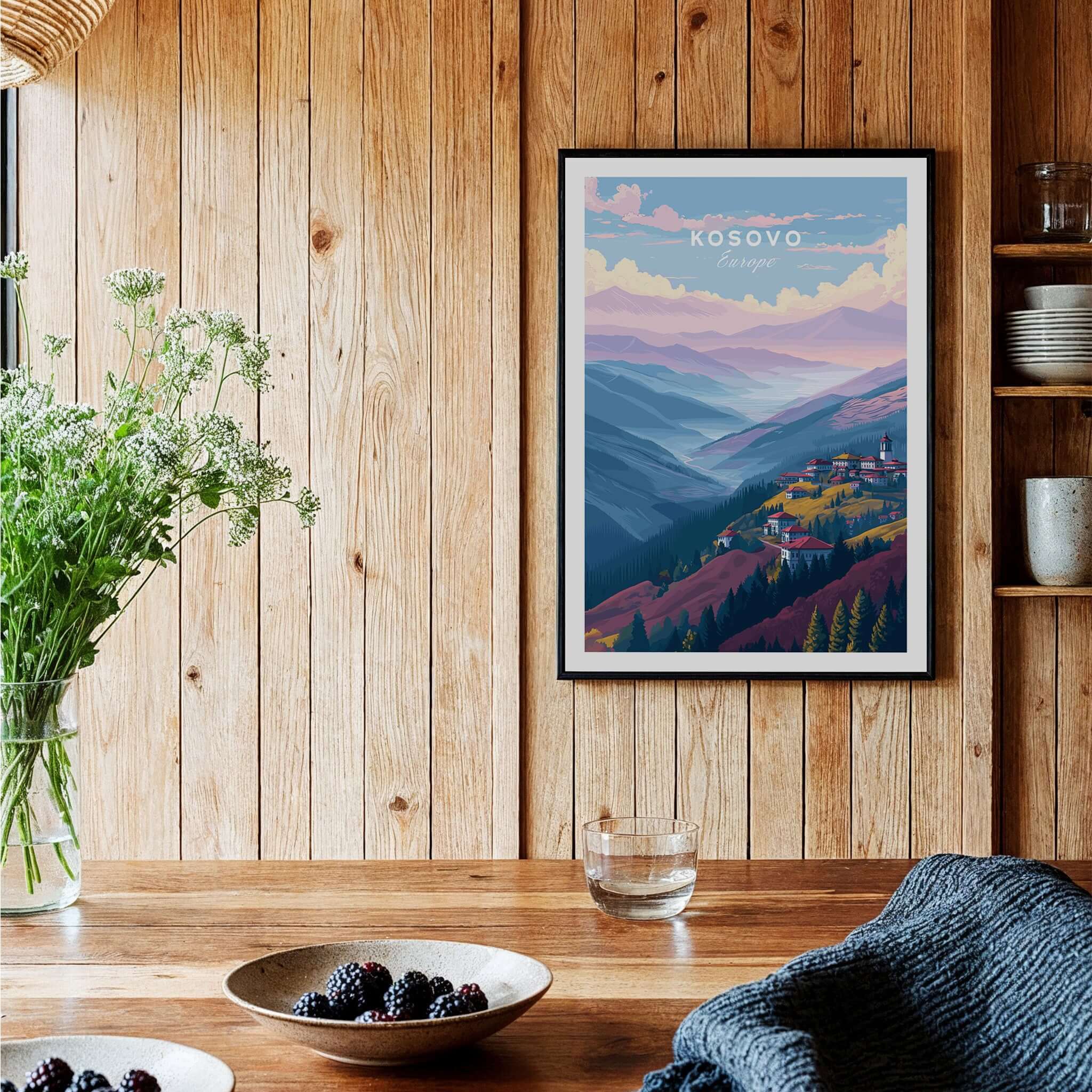 Kosovo Pristina Region Canvas Print | Balkan Home Decor displayed on a wooden wall with greenery and table decor.