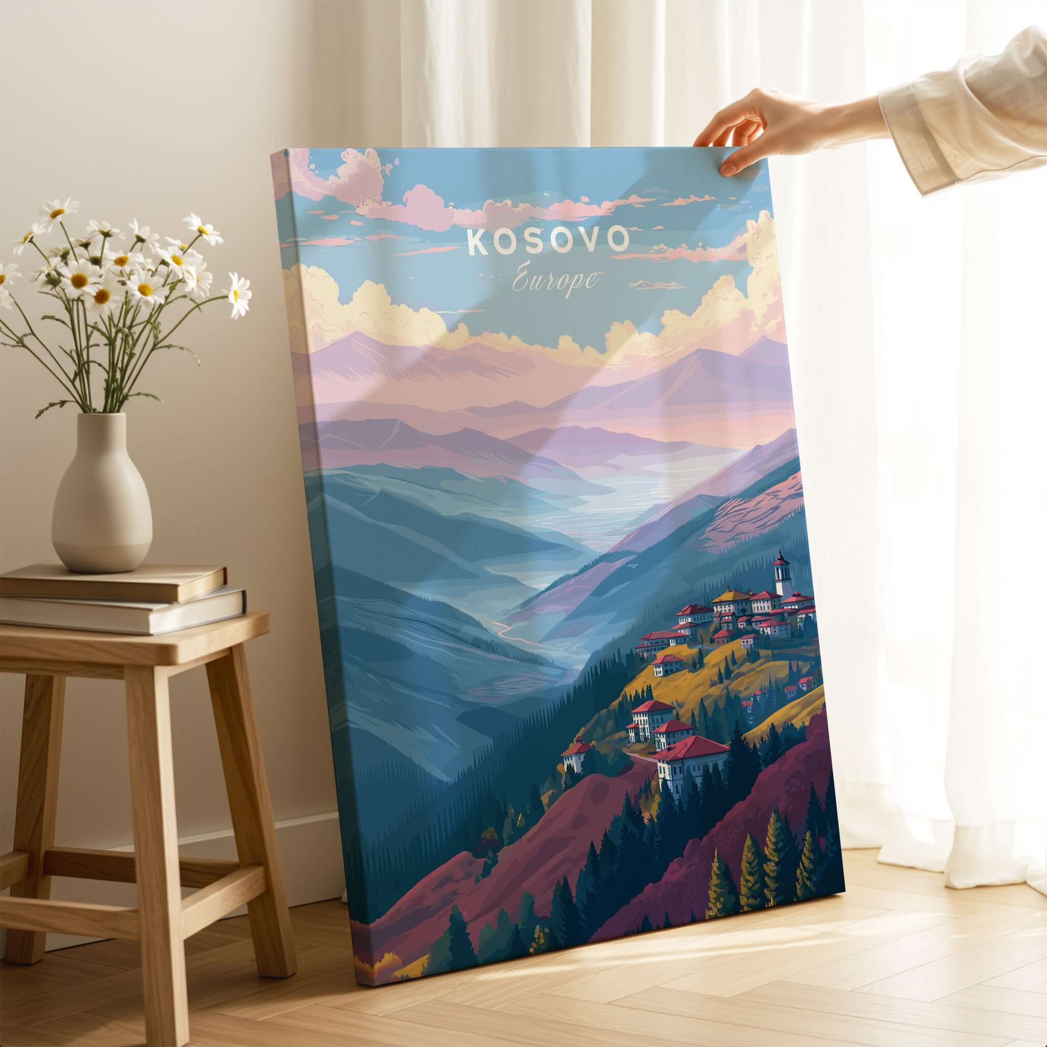 Kosovo Pristina Region Canvas Print | Balkan Home Decor showcased in a cozy living space with flowers.
