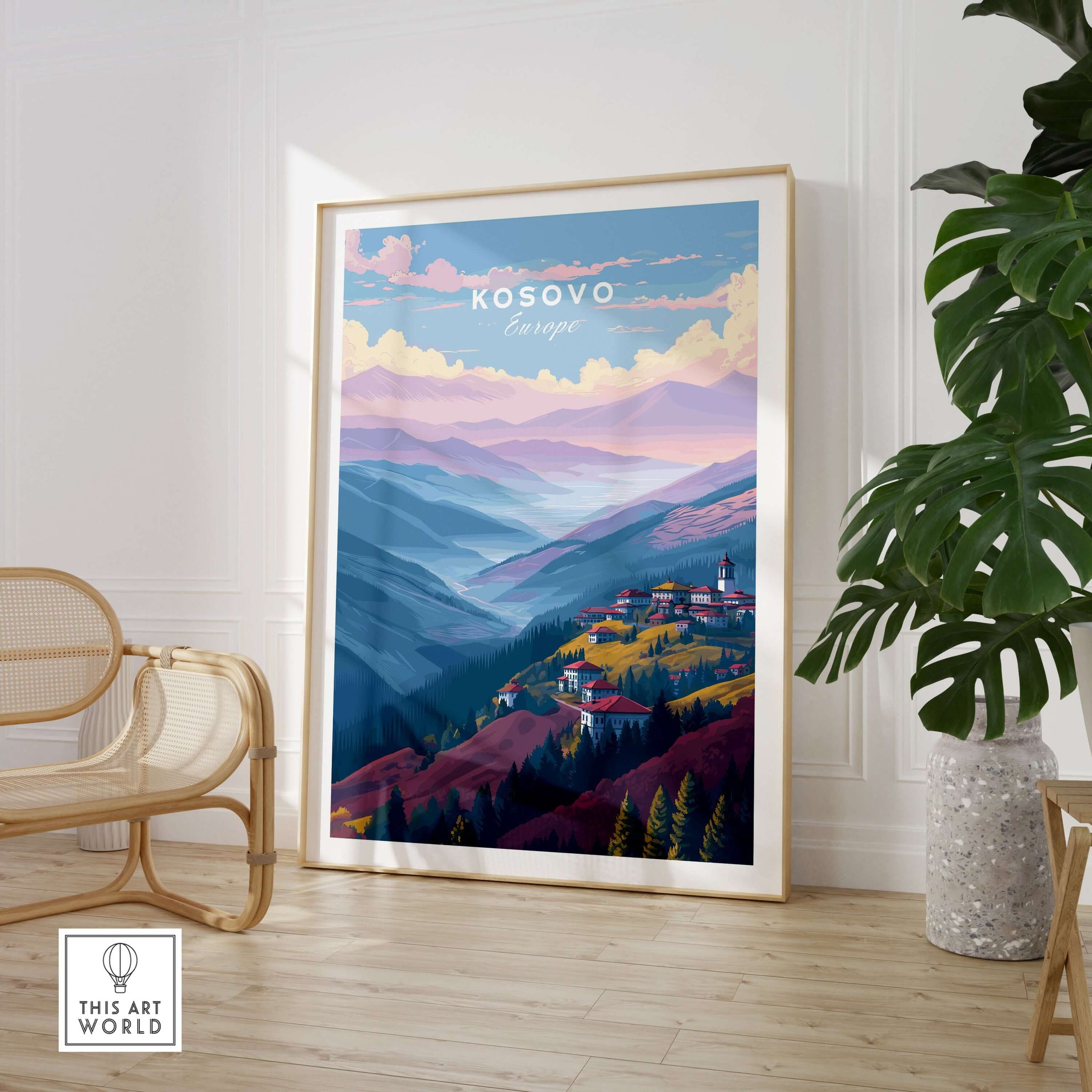 Kosovo Pristina Region Canvas Print | Balkan Home Decor displayed in a modern interior with scenic mountains.