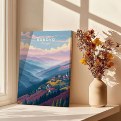 Kosovo Pristina Region Canvas Print | Balkan Home Decor displayed next to a vase with flowers.