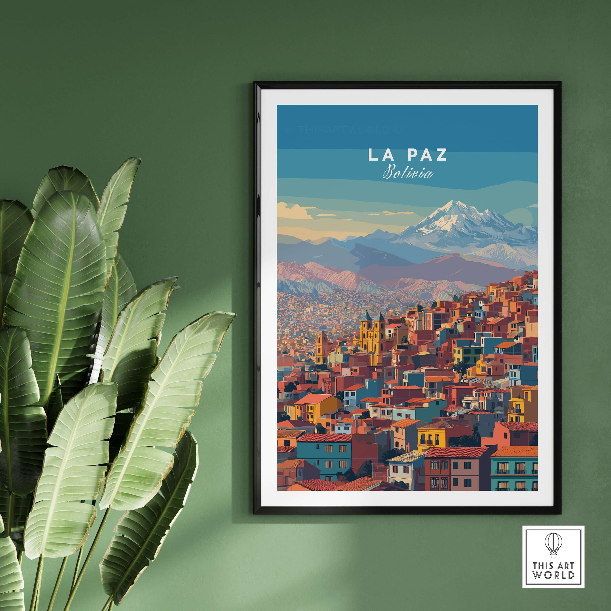 La Paz Bolivia Andes Mountain City Print - Travel Poster framed on a wall with plants in the foreground.
