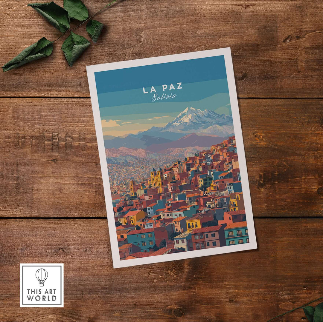 La Paz Bolivia travel poster featuring colorful city skyline with Andes mountains in the background, perfect for decor.