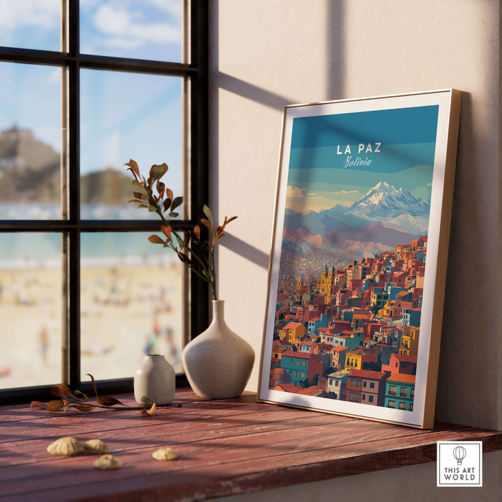 La Paz Bolivia Andes mountain city print displayed on a windowsill, showcasing vibrant skyline and majestic peaks.