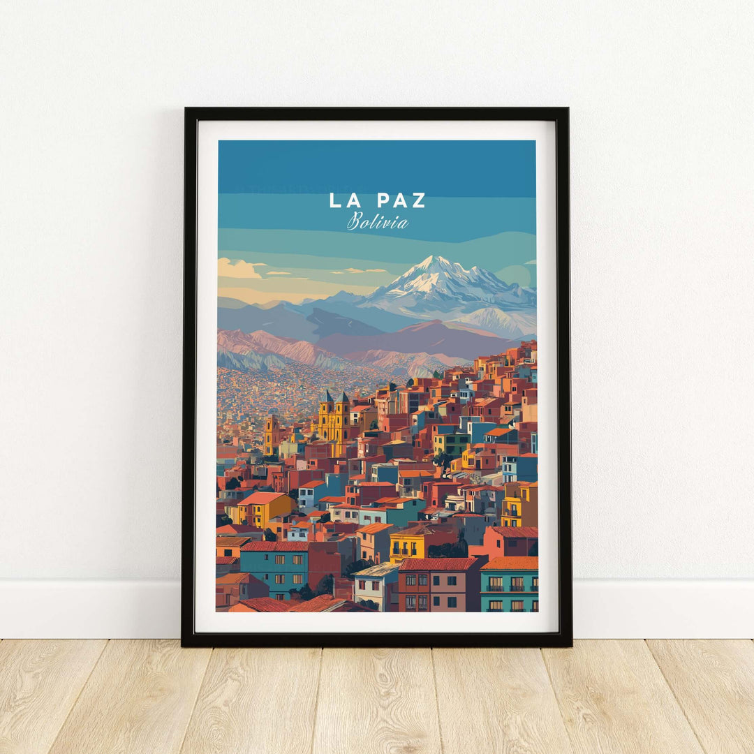 La Paz Bolivia Andes mountain city print travel poster showcasing colorful skyline and snow-capped peaks.