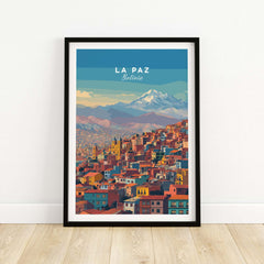 La Paz Bolivia Andes Mountain City Print - Travel Poster featuring colorful buildings and mountains.