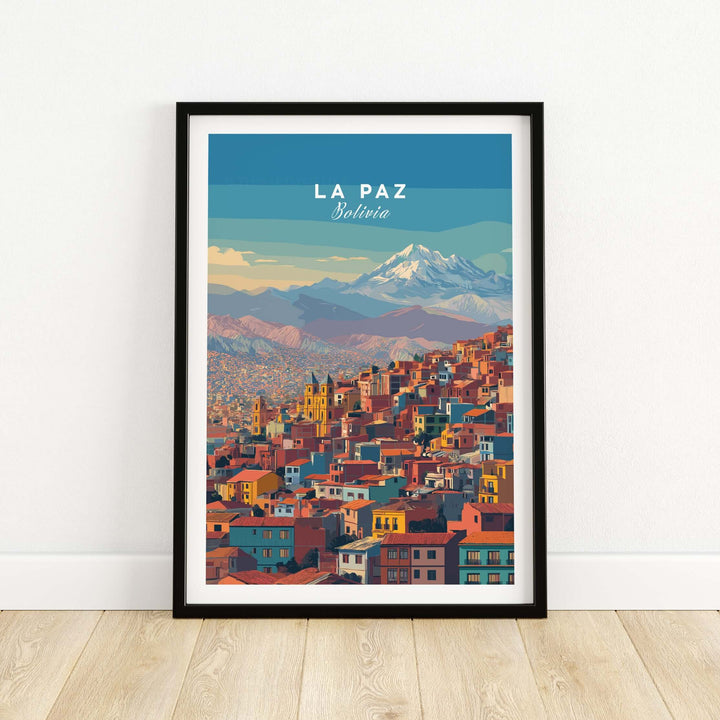 La Paz Bolivia Andes mountain city print travel poster showcasing colorful skyline and snow-capped peaks.