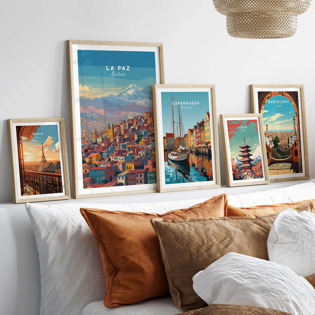La Paz Bolivia Andes mountain city print showcased among travel posters on a stylish couch decor.
