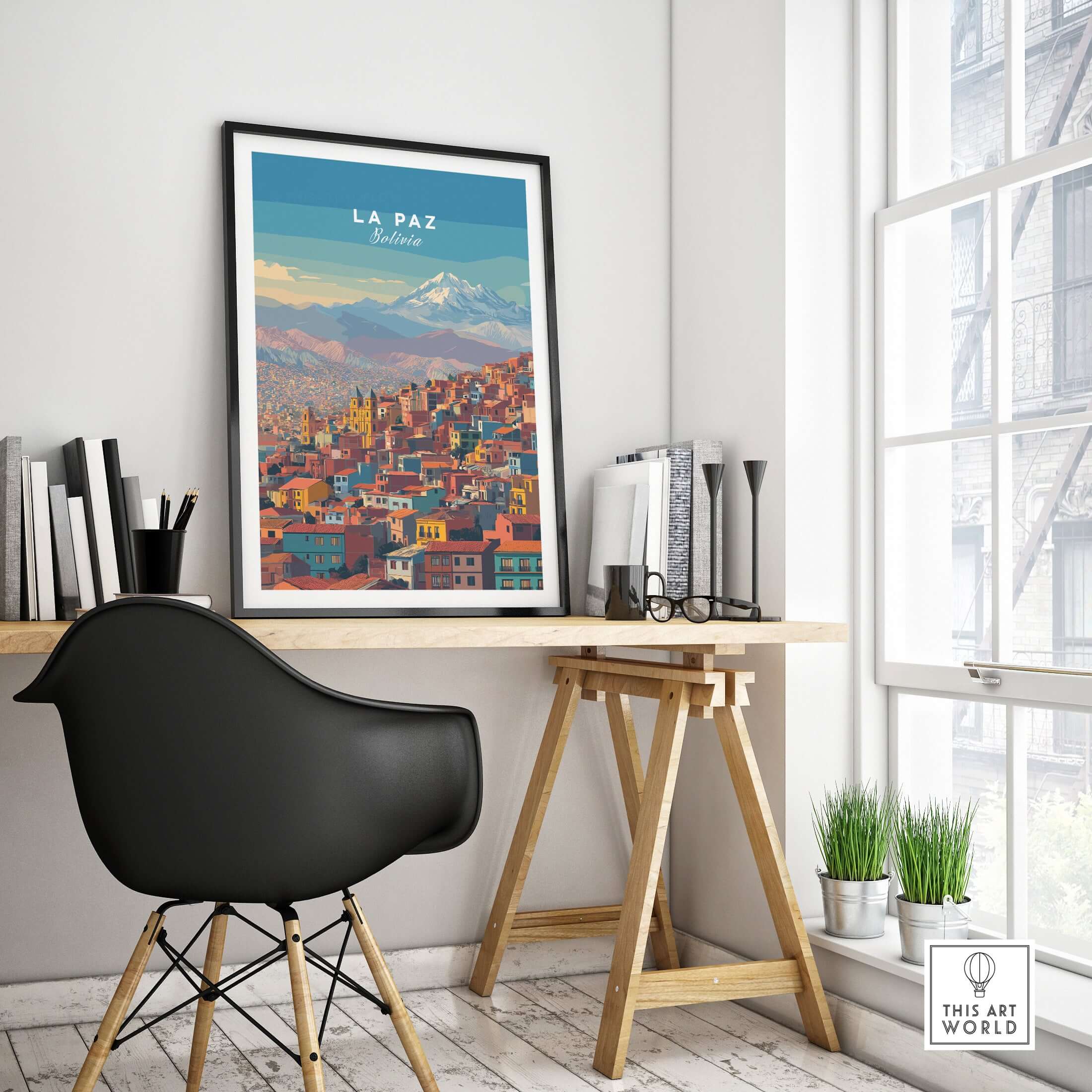 La Paz Bolivia Andes Mountain City Print - Travel Poster displayed in a modern workspace with stylish décor.