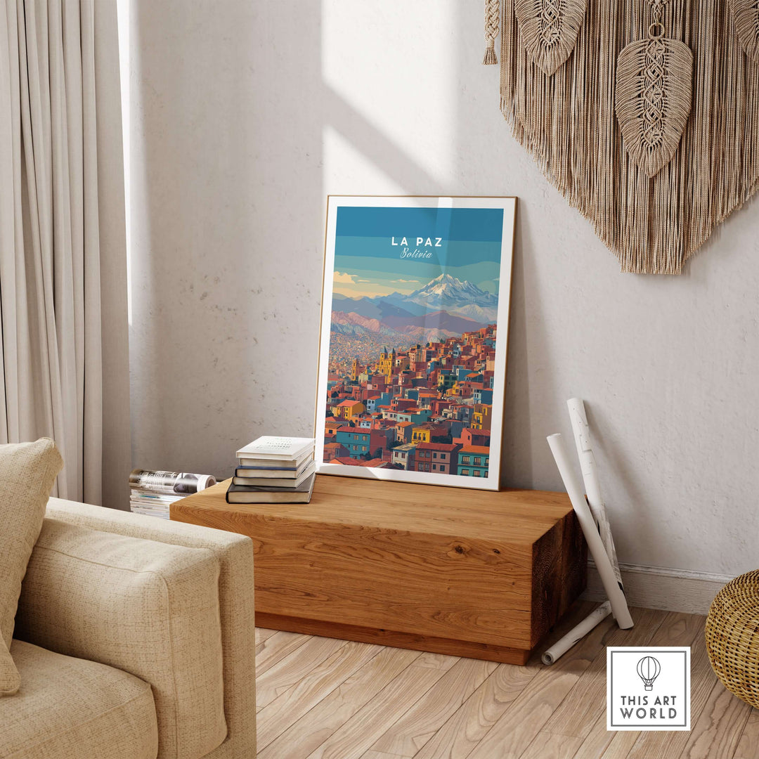 La Paz Bolivia Andes mountain city print travel poster displayed in a stylish living room setting.