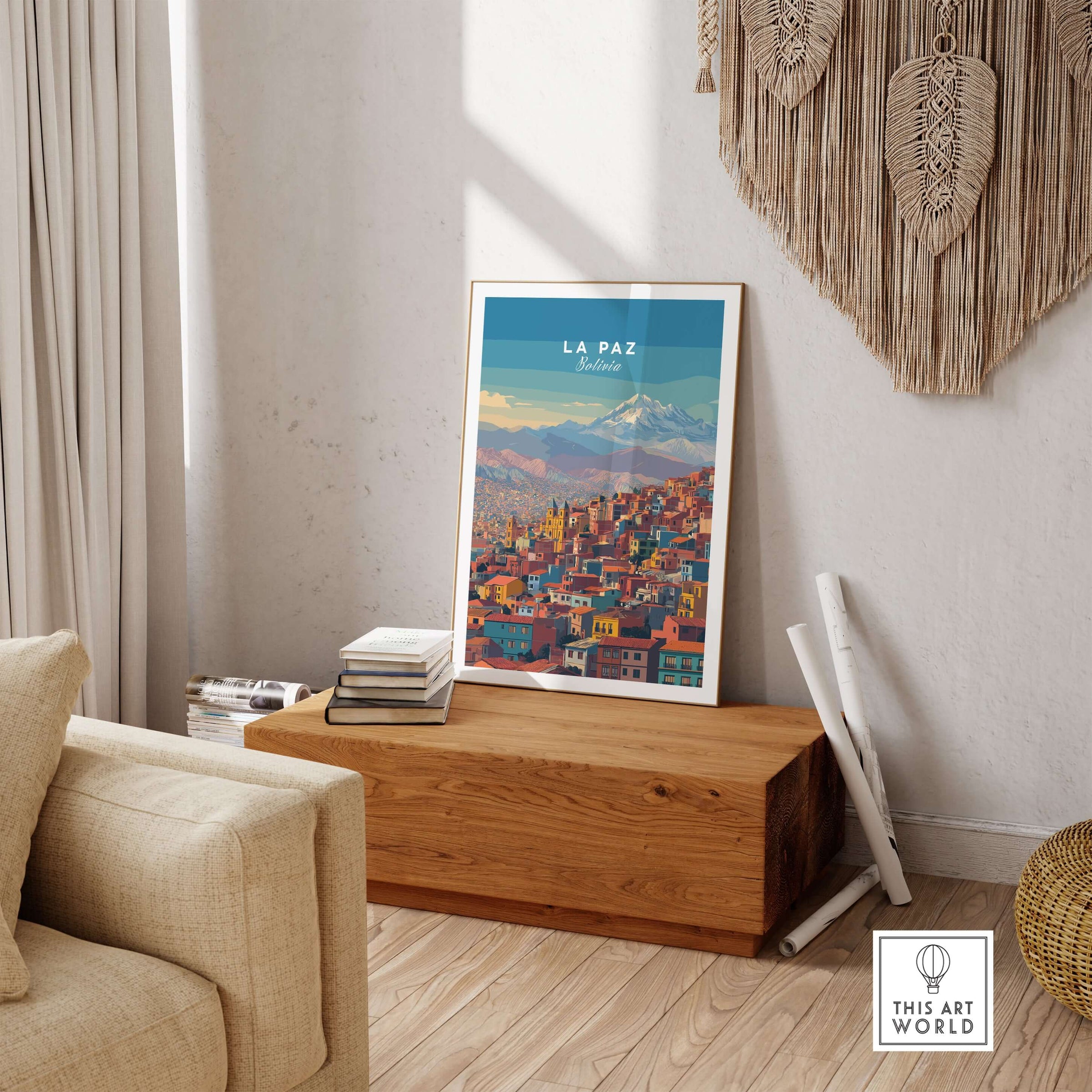 La Paz Bolivia Andes Mountain City Print - Travel Poster displayed in a chic living room setting.