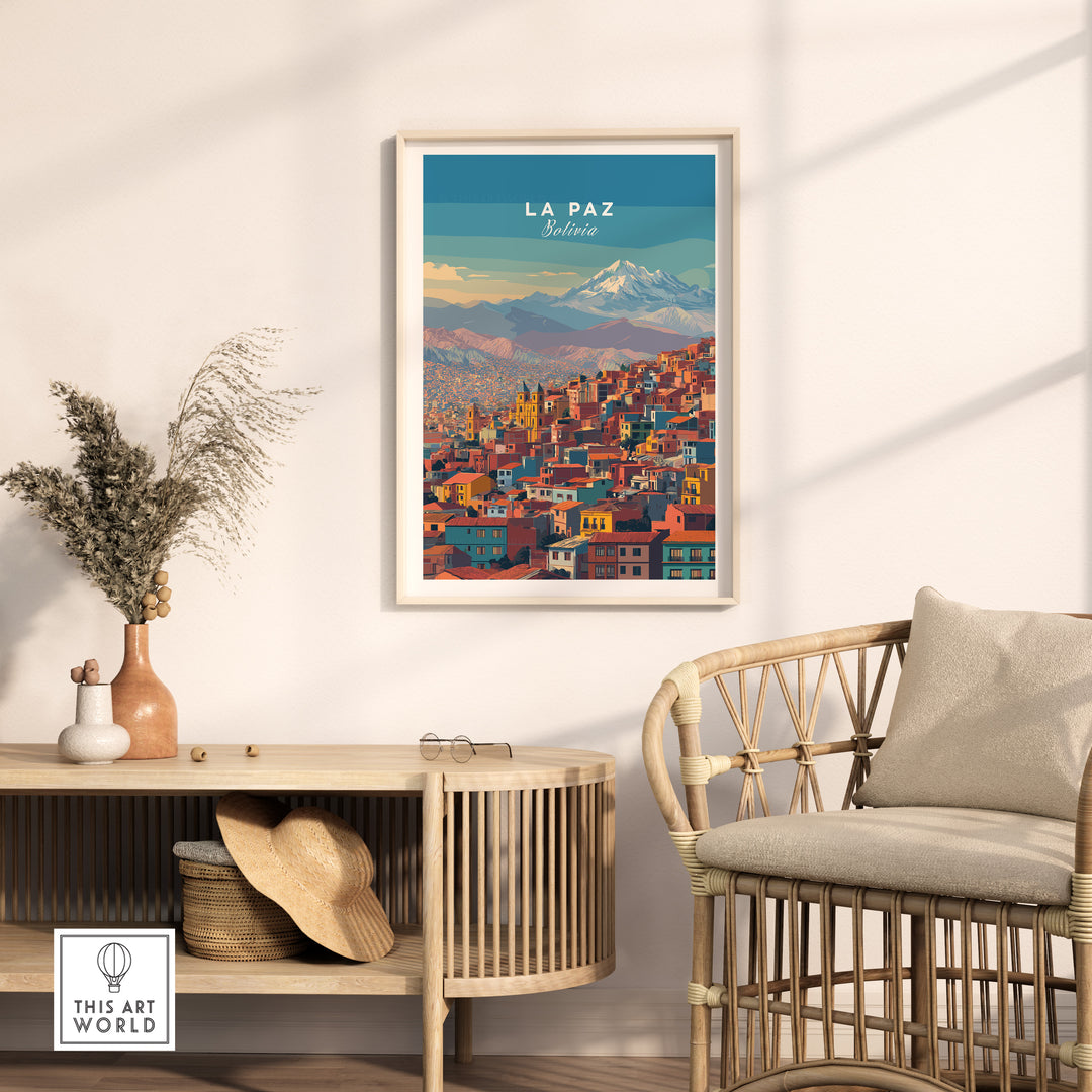 La Paz Bolivia Andes mountain city print travel poster displayed in a cozy living space.