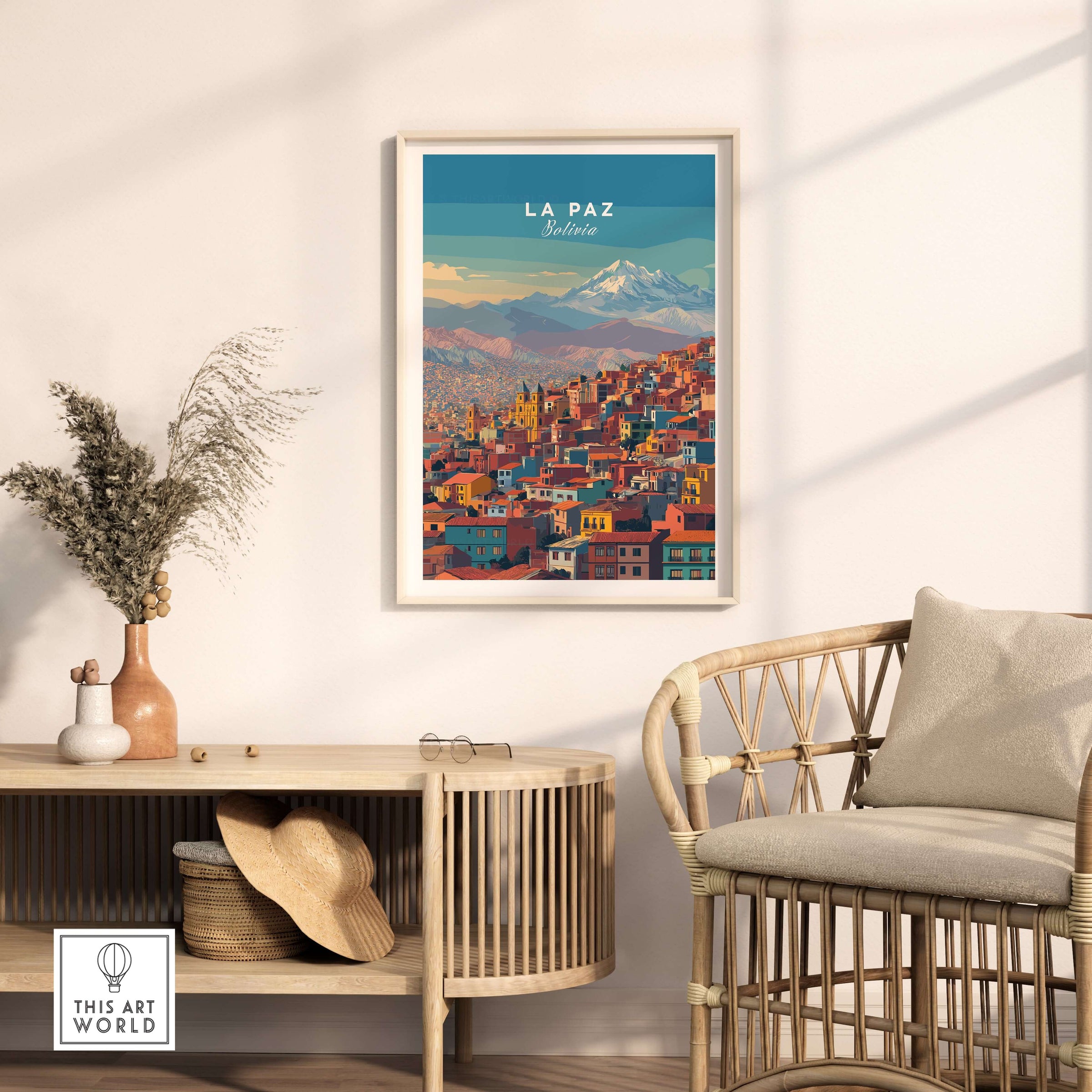 La Paz Bolivia Andes Mountain City Print - Travel Poster featuring vibrant skyline and mountains in a modern decor setting.