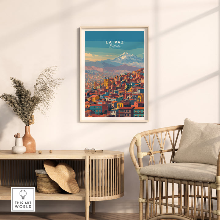 La Paz Bolivia Andes mountain city print travel poster displayed in a cozy living space.
