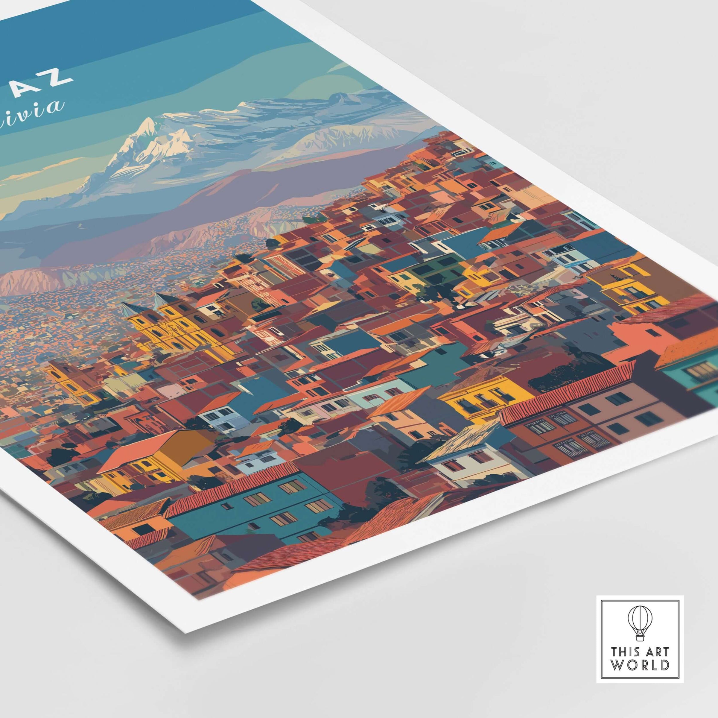 La Paz Bolivia Andes Mountain City Print - Travel Poster featuring colorful rooftops and mountains.
