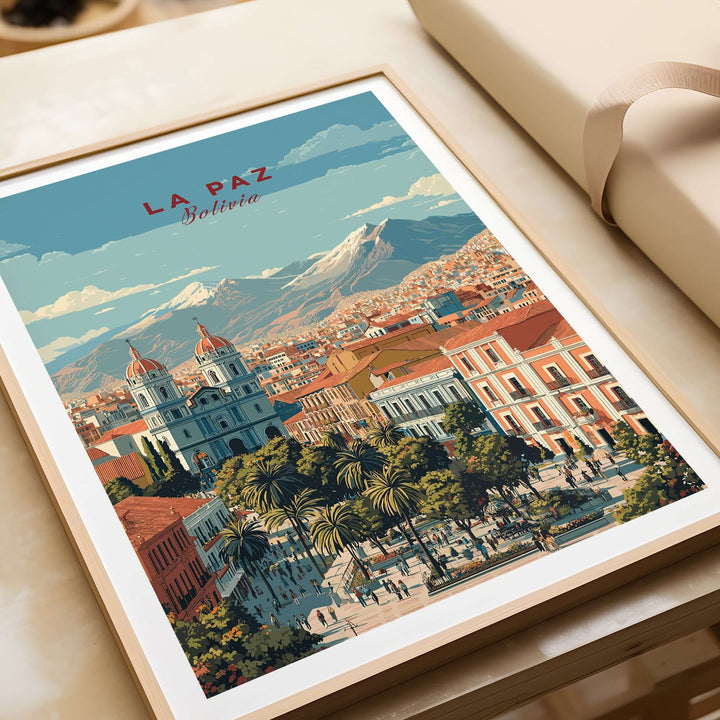 La Paz Bolivia travel print showcasing a vibrant cityscape and Andean mountains, perfect for wall art enthusiasts.