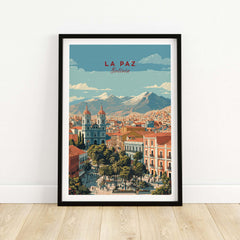 La Paz Travel Print - Bolivia Wall Art showcasing the city landscape with mountains in the background, perfect for home decor.