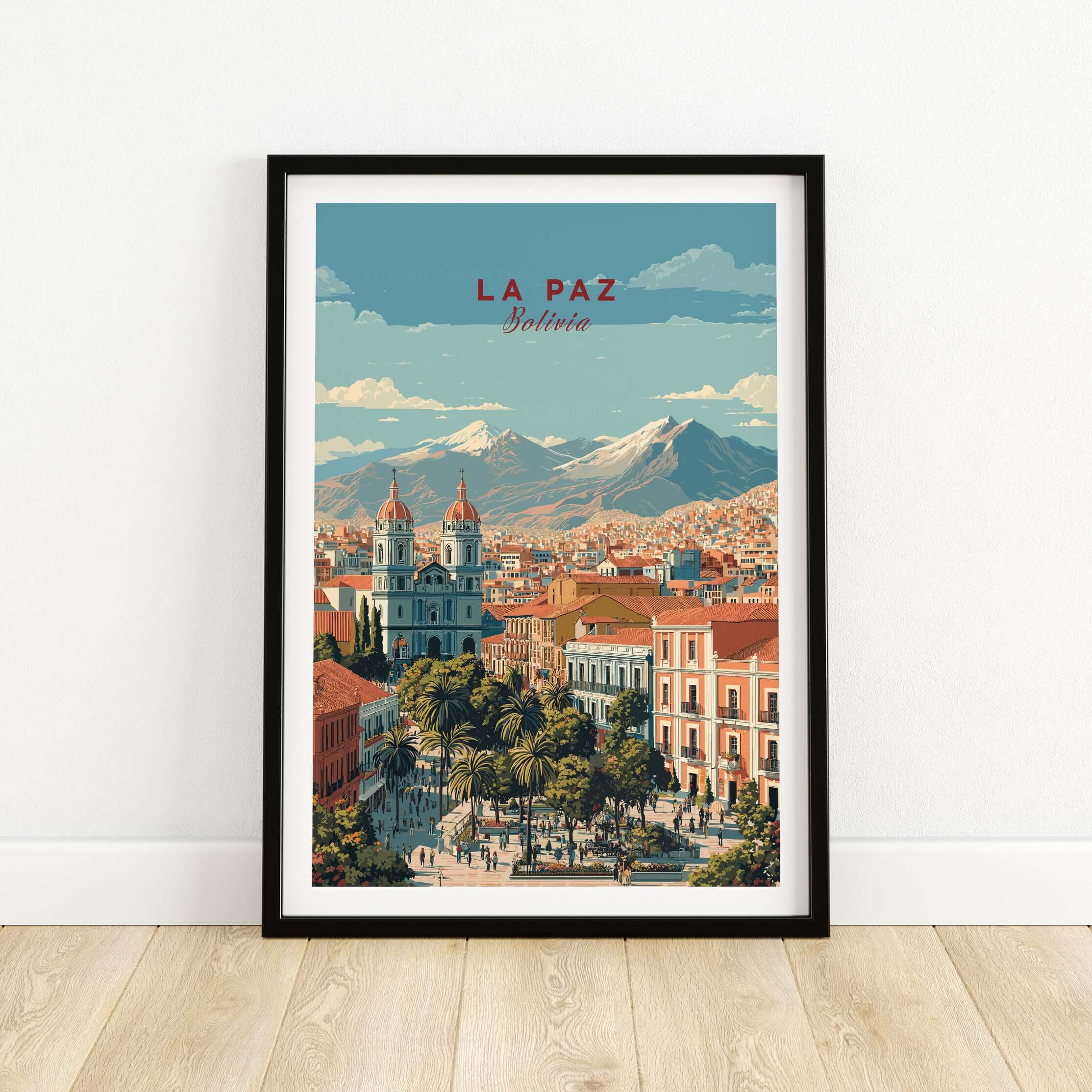 La Paz Travel Print - Bolivia Wall Art showcasing the city landscape with mountains in the background, perfect for home decor.