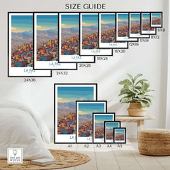 La Paz Bolivia Urban Landscape Wall Art - South American City Print size guide showcasing various frame sizes.