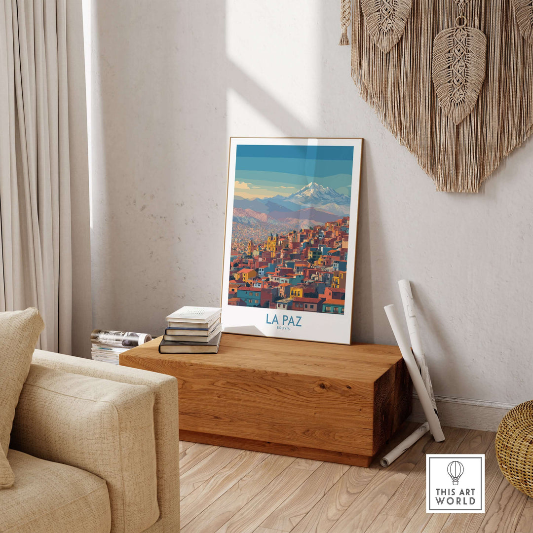 La Paz Bolivia urban landscape wall art print displayed in a cozy living room setting.