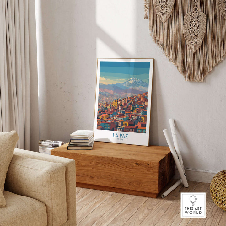 La Paz Bolivia urban landscape wall art print displayed in a cozy living room setting.