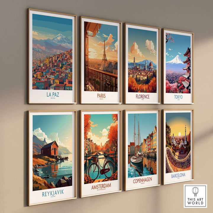 Gallery wall art featuring La Paz, Paris, Florence, Tokyo, Reykjavik, Amsterdam, Copenhagen, and Barcelona prints.