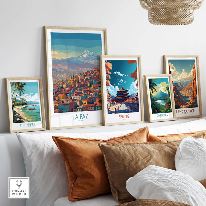 Framed wall art featuring La Paz Bolivia and other iconic landscapes like Philippines and Beijing in a modern decor setting.