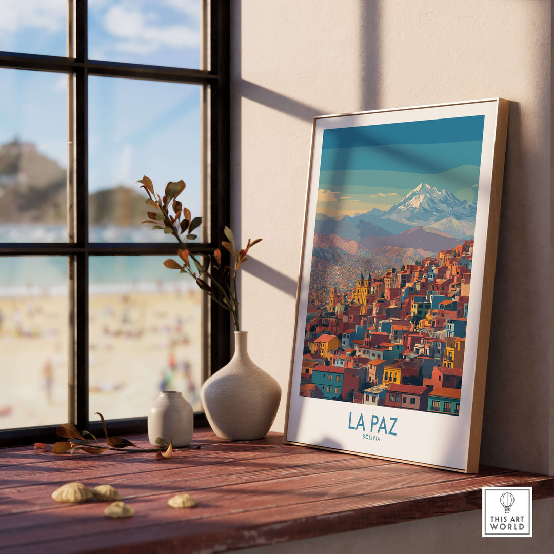 La Paz Bolivia urban landscape wall art print showcasing vibrant city against mountain backdrop, perfect for decor.