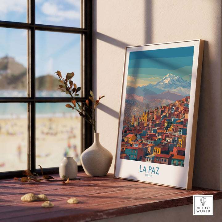 La Paz Bolivia urban landscape wall art print showcasing vibrant city against mountain backdrop, perfect for decor.