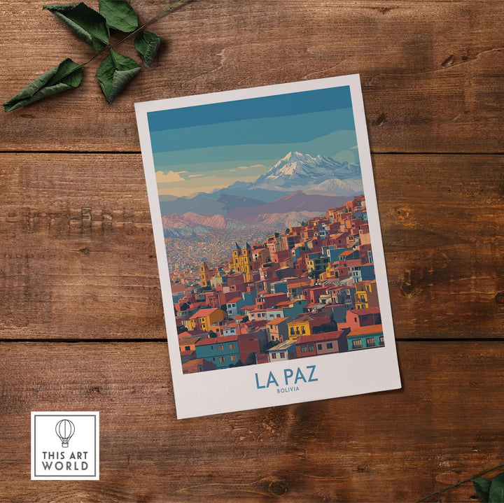 La Paz Bolivia urban landscape art print featuring colorful city backdrop and mountain peaks.