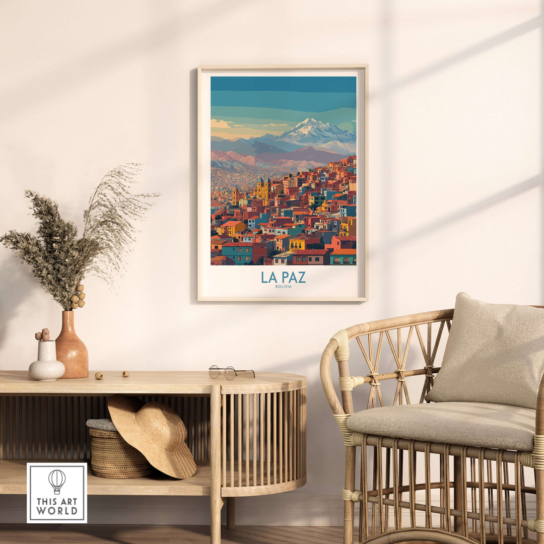 Colorful La Paz urban landscape wall art featuring vibrant buildings and mountains, perfect for home decor.