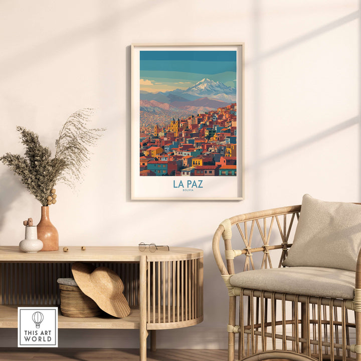 Colorful La Paz urban landscape wall art featuring vibrant buildings and mountains, perfect for home decor.