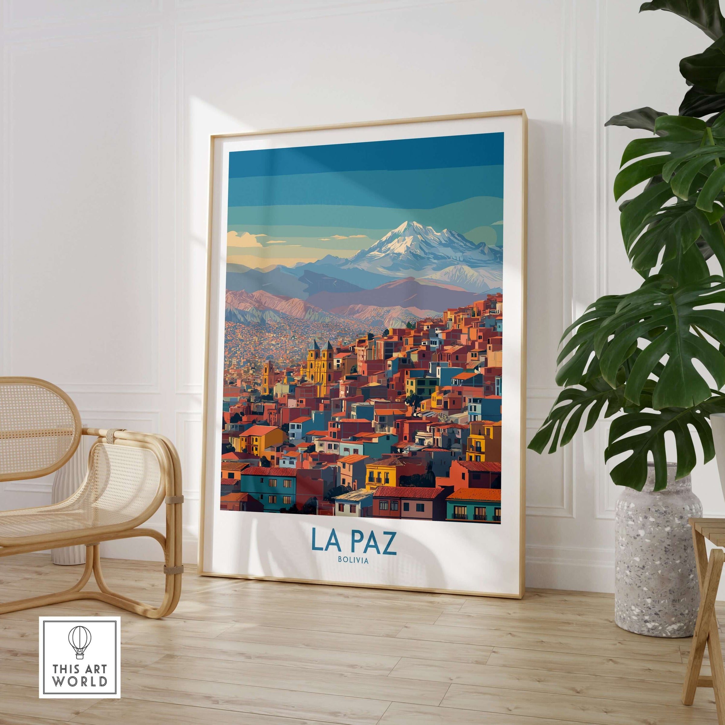 La Paz Bolivia Urban Landscape Wall Art - South American City Print displayed in modern living room decor.