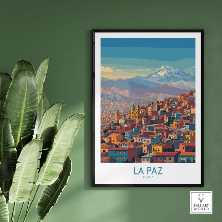 La Paz Bolivia urban landscape wall art print showcasing colorful buildings and mountains.