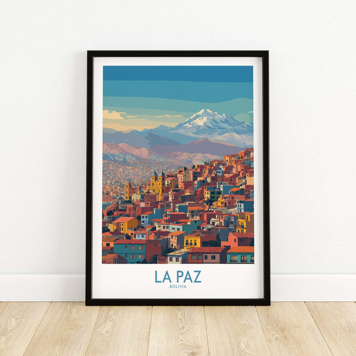 La Paz Bolivia urban landscape wall art print featuring colorful houses and majestic mountains.