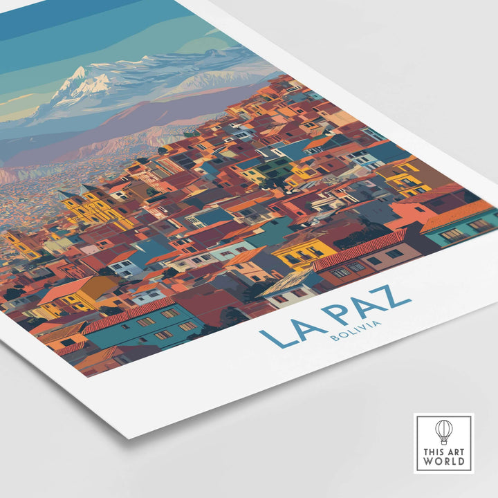 Colorful La Paz Bolivia urban landscape wall art print showcasing vibrant city among mountains.