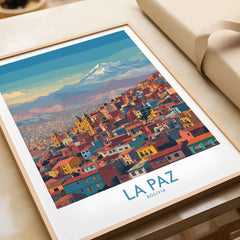 La Paz Bolivia Urban Landscape Wall Art - South American City Print featuring a vibrant view of La Paz and mountains.