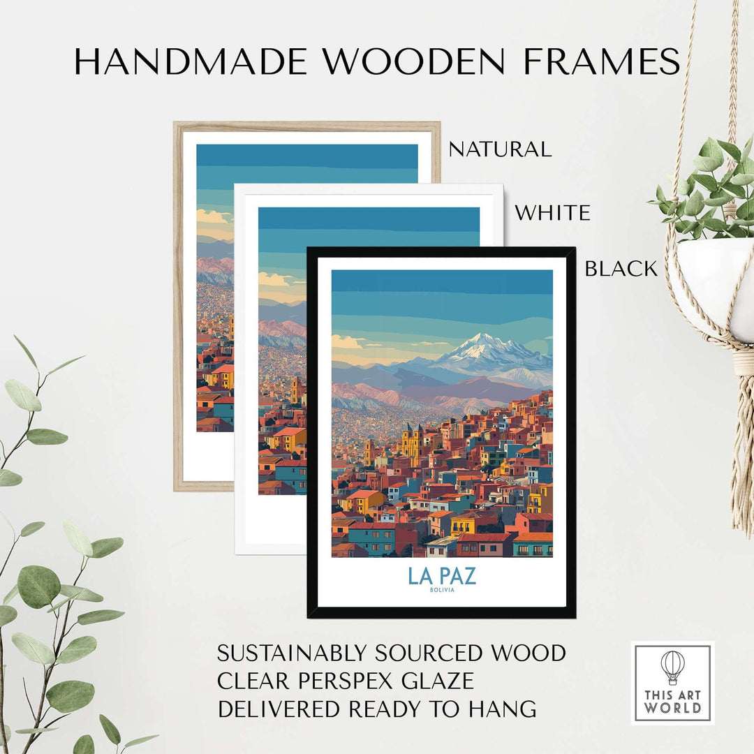 Handmade wooden frames displaying La Paz Bolivia urban landscape art, available in natural, white, and black options.