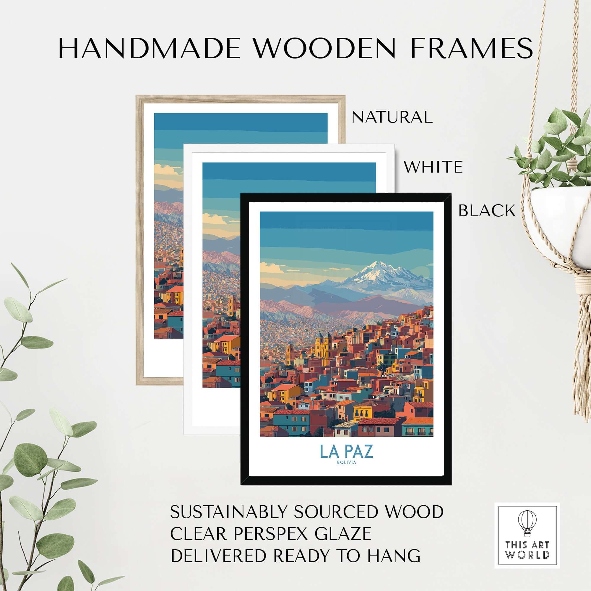 La Paz Bolivia Urban Landscape Wall Art - South American City Print displayed in handmade wooden frames.