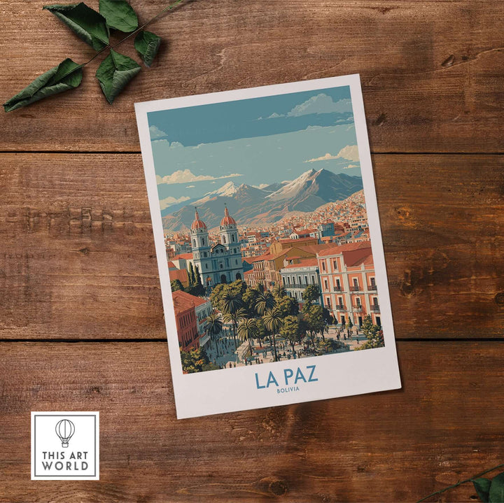 La Paz Bolivia wall art poster showcasing the city's vibrant architecture and majestic mountains.