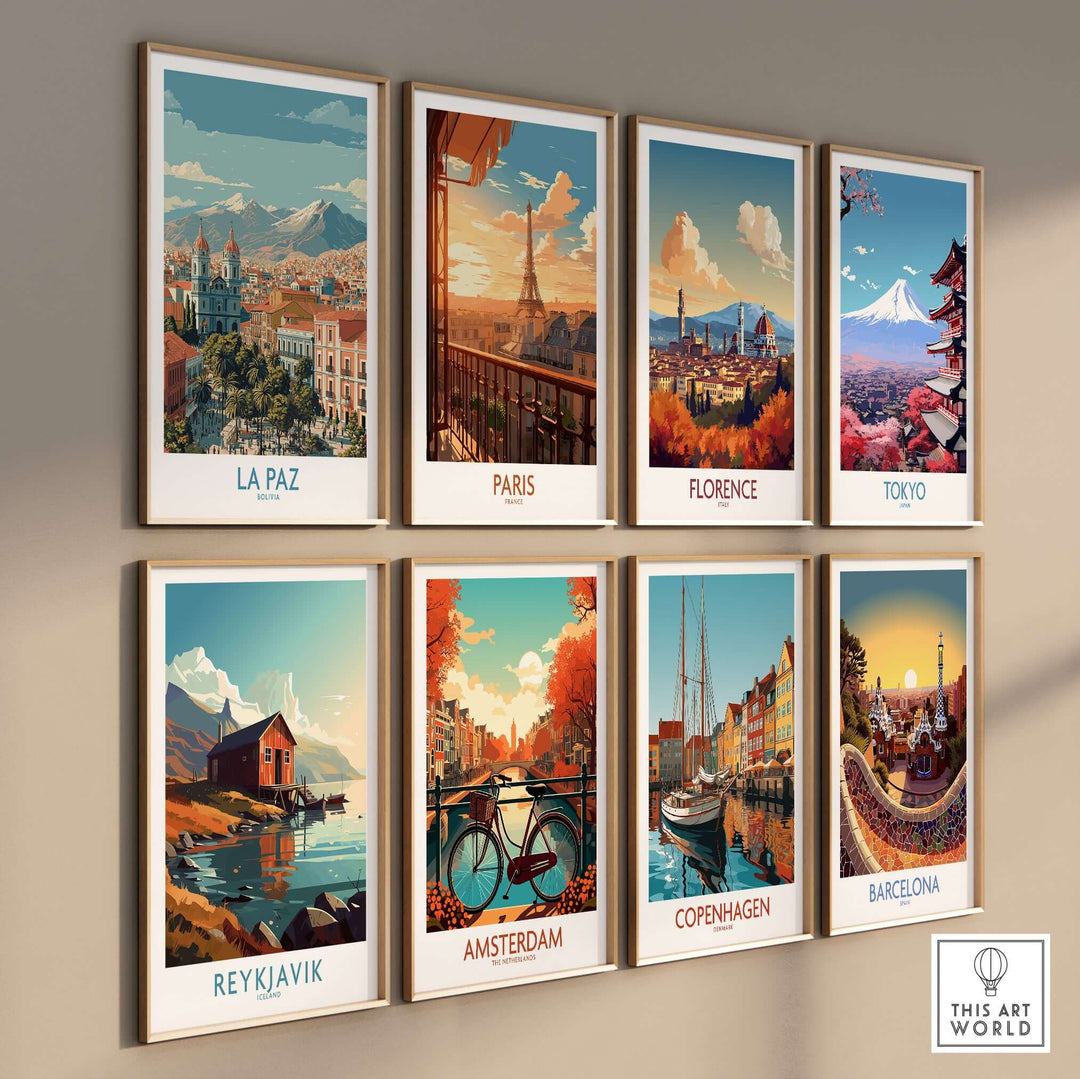 Gallery of travel art posters featuring La Paz, Paris, Florence, Tokyo, Reykjavik, Amsterdam, Copenhagen, and Barcelona.