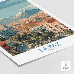 La Paz Bolivia Wall Art Poster - Bolivian Capital Travel Decor showcasing vibrant urban life and stunning mountains.