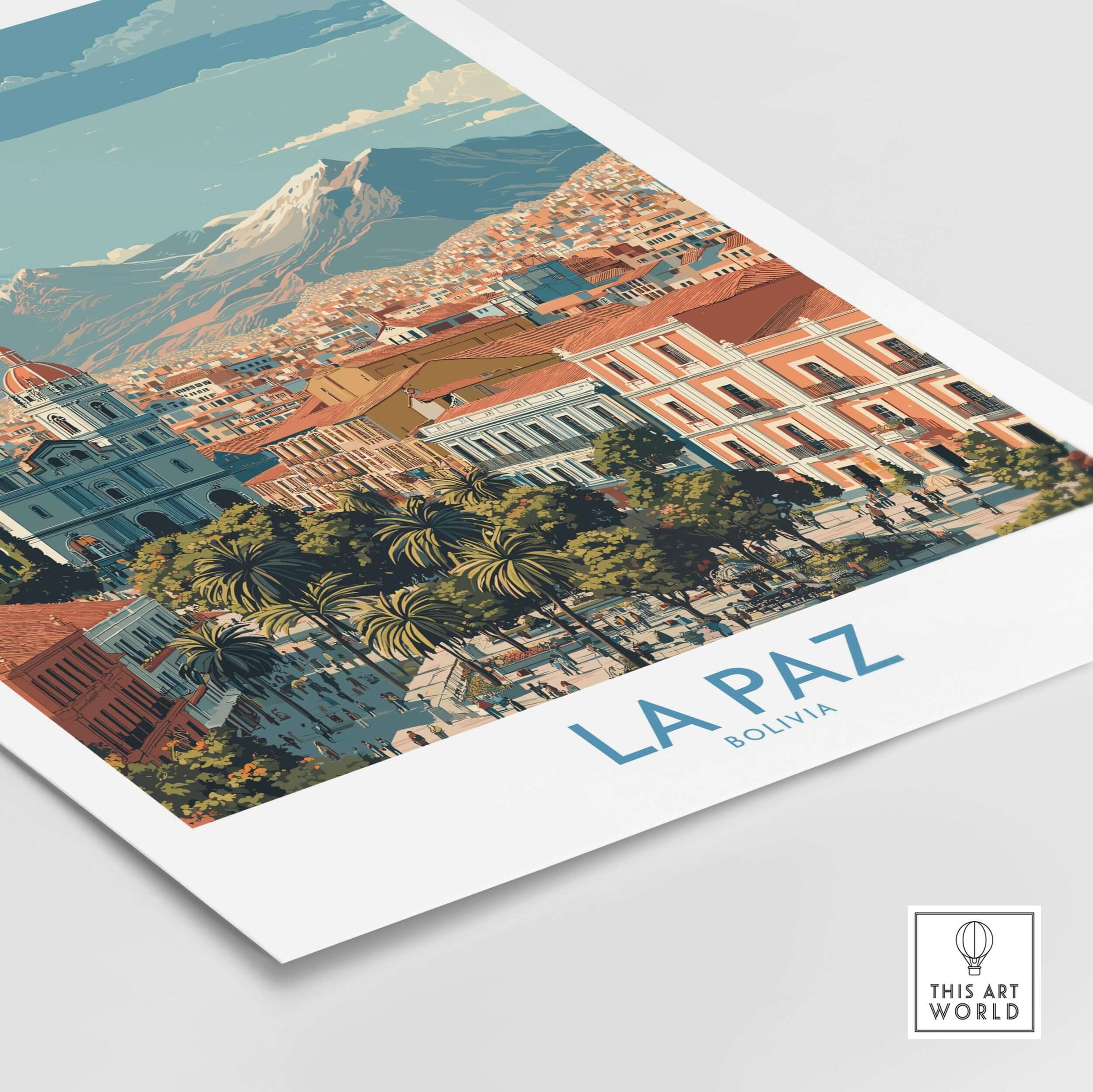 La Paz Bolivia Wall Art Poster - Bolivian Capital Travel Decor showcasing vibrant urban life and stunning mountains.