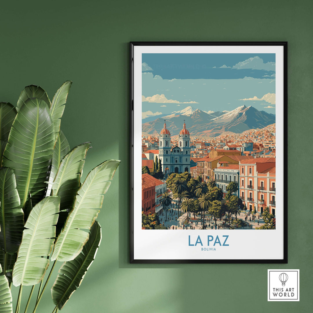 La Paz Bolivia wall art poster showcasing colorful cityscape and mountains, ideal for travel decor enthusiasts.