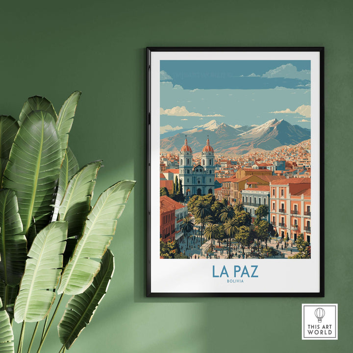 La Paz Bolivia wall art poster showcasing colorful cityscape and mountains, ideal for travel decor enthusiasts.