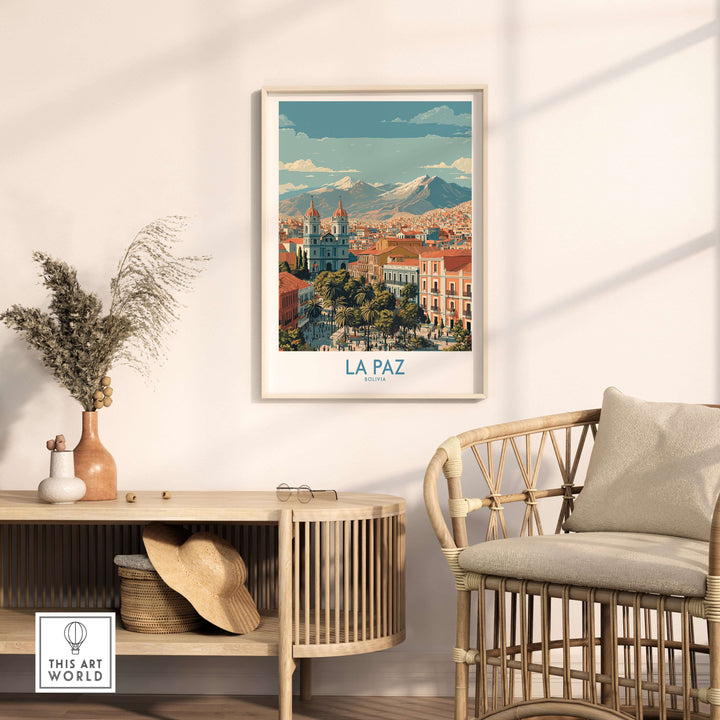 La Paz Bolivia wall art poster featuring a colorful cityscape and mountains, ideal for travel decor.