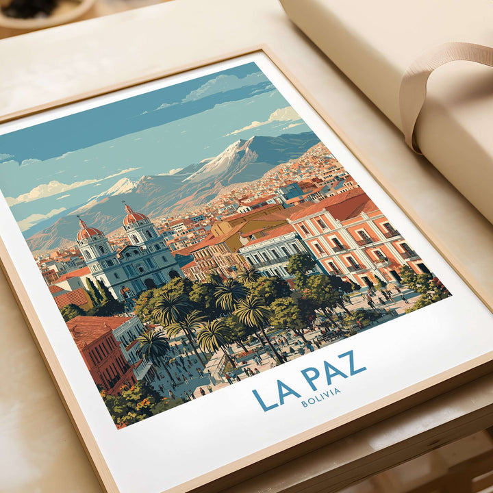 La Paz Bolivia wall art poster featuring vibrant cityscape and mountains, perfect for travel decor.