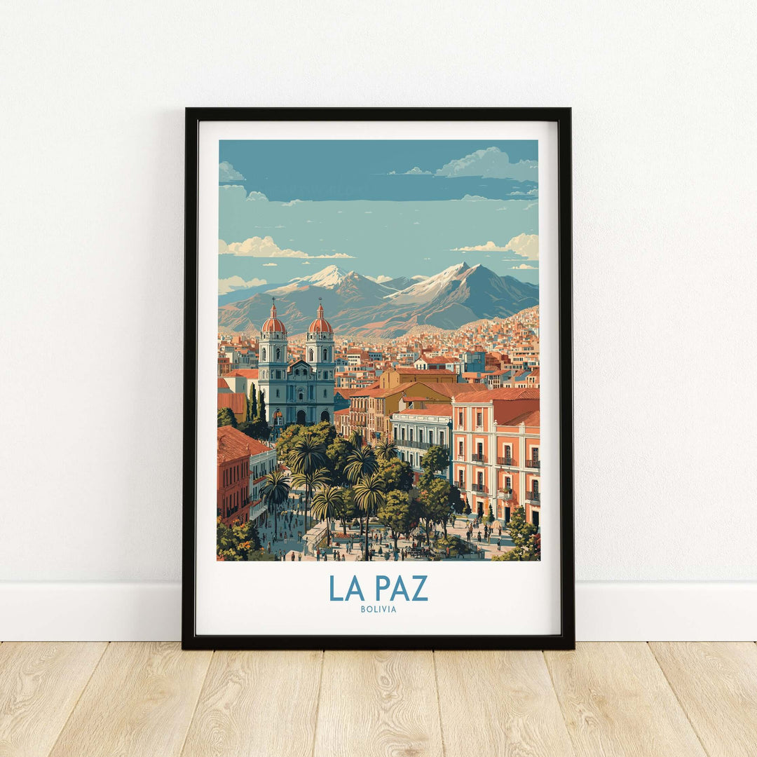 La Paz Bolivia wall art poster showcasing the vibrant cityscape and mountainous backdrop, perfect travel decor.
